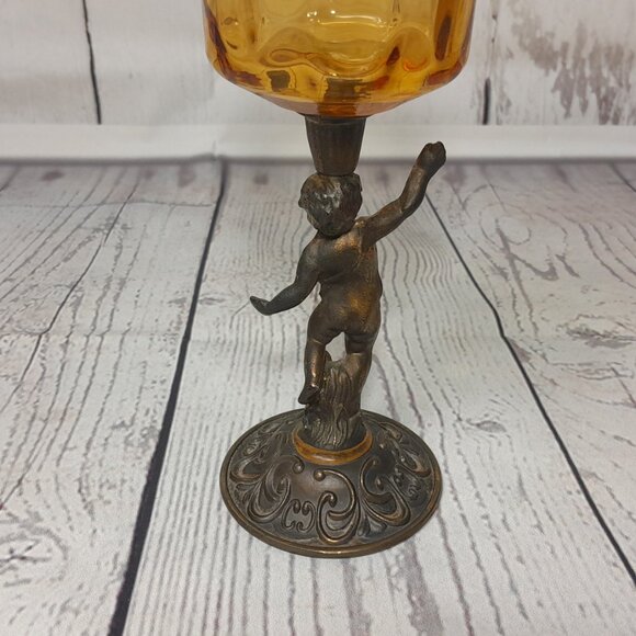 Putti Cherub Angel Votive Candle Holder Cast Metal Amber Glass Bowl 8" - Picture 8 of 13
